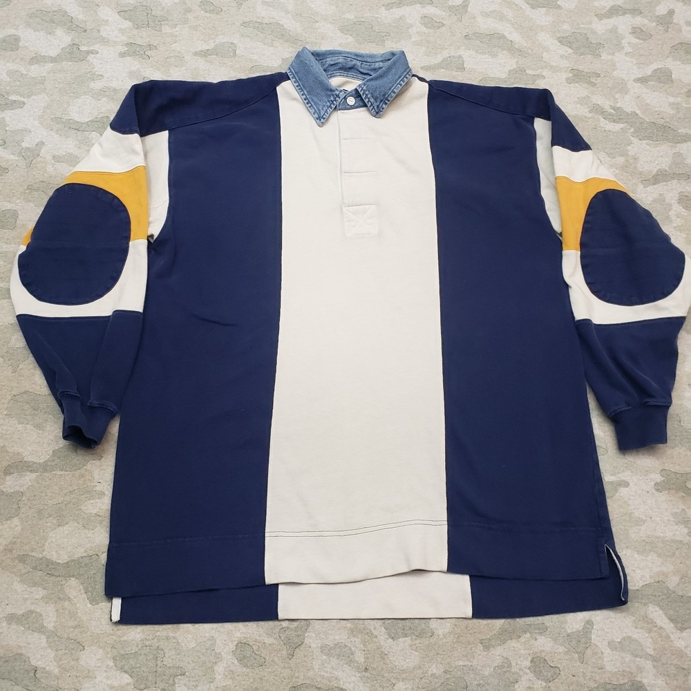 VTG Halifax Rugby Polo Shirt Mens Medium Blue Denim Collar Elbow Patch 90s Y2k